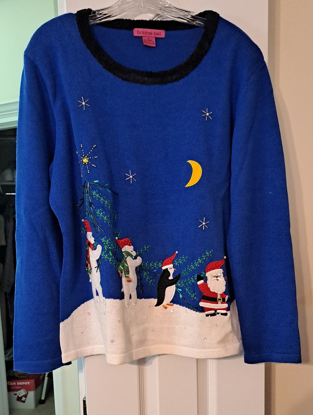 Bobbie Bell Womens Blue Holiday Sweater with Festive Characters